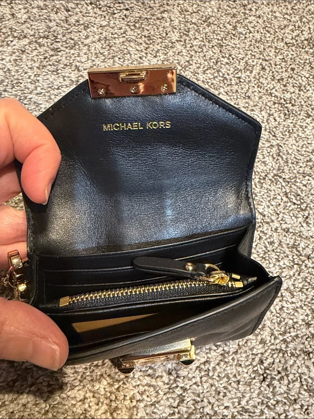 Michael Kors Black Leather Wristlet with Gold Studs and Chain